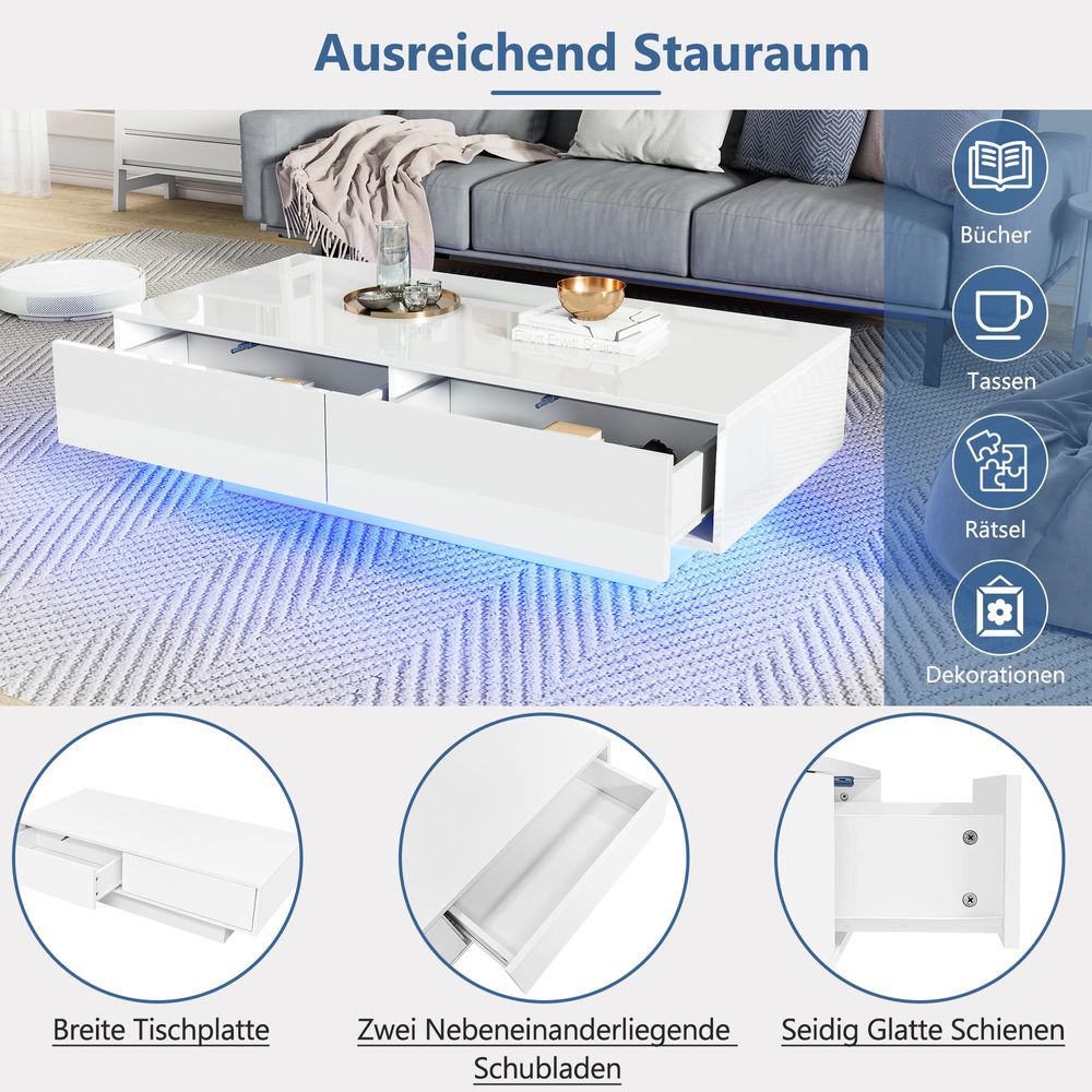 okwish Couchtisch Wohnzimmertish Beistelltisch mit 2 Schubladen,Eleganter Wohnzimmertisch,Kaffeetisch mit LED-Beleuchtung,Weiß