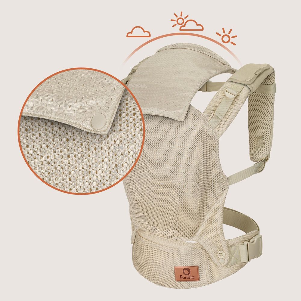 Margareet Air Ergonomische Babytrage, geeignet für Babys ab 4 Monaten bis 20 kg, 3 Tragemodi, atmungsaktives Gewebe, abnehmbare Kapuze - Beige