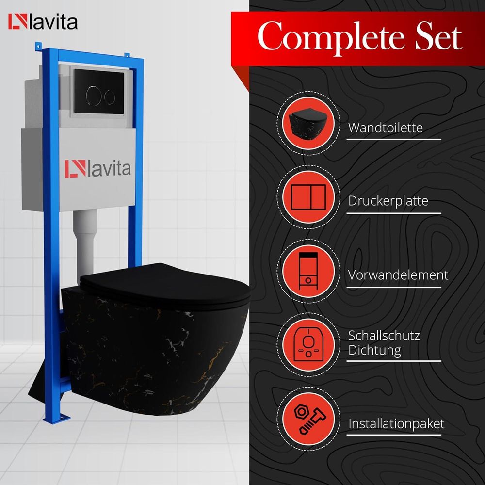 Lavita LAV 101 Vorwandelement für WC 40cm + Wand Hänge Tiefspül WC SOFI SLIM FIRE Schwarz Spülrandlos + Bedienplatte LAV 200.4.4 Schwarz | Komplettset | Unterputz Spülkasten | Toilette Komplett Sett