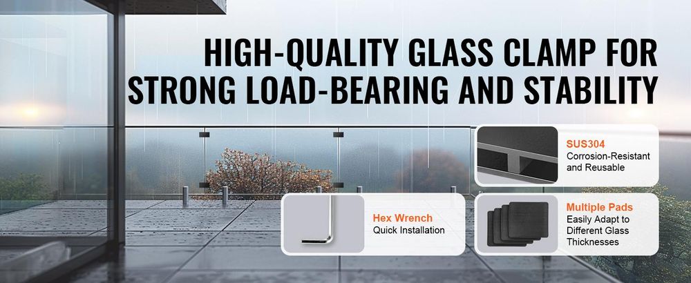 VEVOR Glaszange, 4 Stück Rechteckige Glasgeländerhalterung für 0,31 "-0,47 " Einscheibensicherheitsglas, 304 Edelstahl Glasmontagezange, 0,2" Dicke Glasregalhalterung für Balkon, Garten, Pool, Treppe, Schwarz, Rechteck