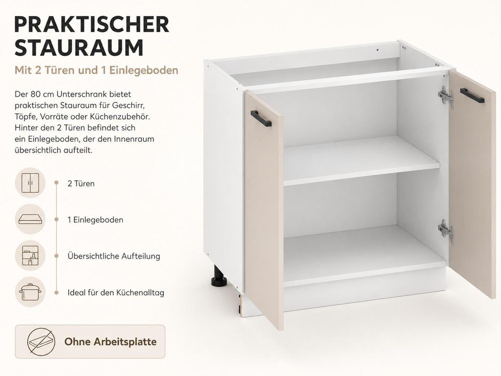 80 cm Küchenunterschrank mit 2 Türen und einem Einlegeboden