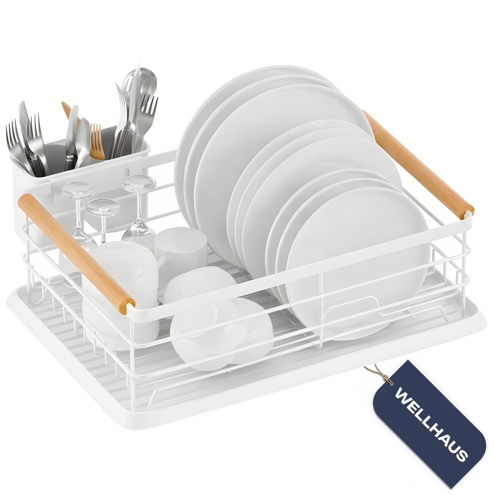 WELLHAUS Abtropfgestell Geschirr mit Abtropfschale, Metall Geschirrabtropfgestell, Abtropfgestell für Spülbecken mit Abtropffläche und Drehbarem Auslauf, 43x30,5x14, Weiß