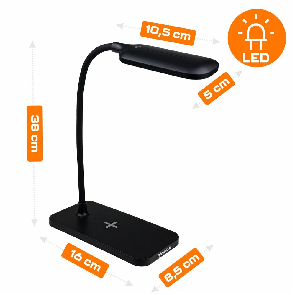 LED Schreibtischlampe Schwarz mit 15W Induktionsladegerät, Touch-Steuerung & 3 Lichtmodi, Nachttischlampe für Kinder & Büro, EVI TECH Qi Ladestation