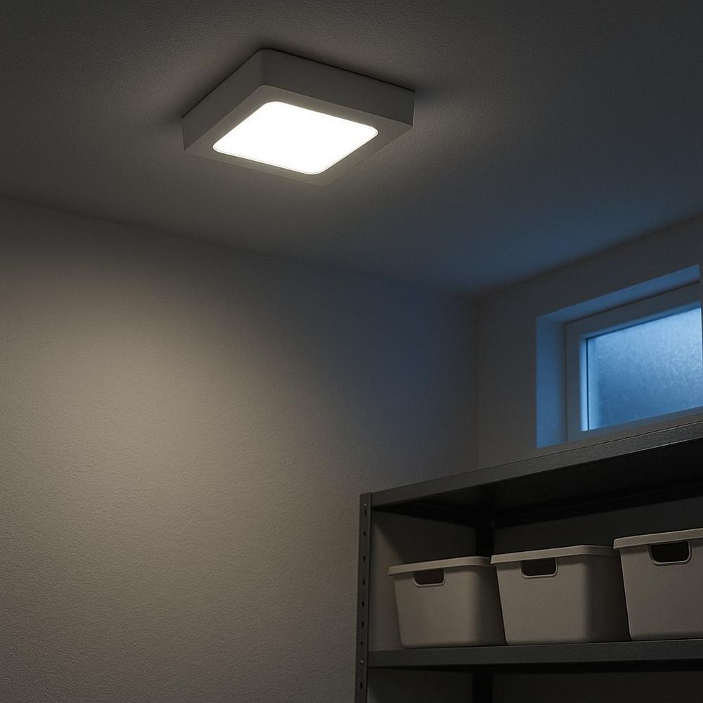 Quadratische LED-Deckenleuchte in Weiß, installiert in Abstellraum mit Regal und Boxen.