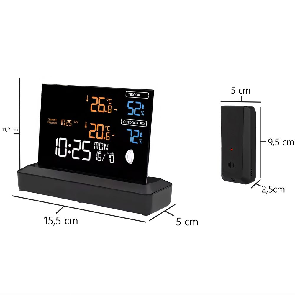 Funk-Wetterstation mit Wecker und Farbdisplay, Außensensor Schimmelwarner Hygrometer Barometer Datumsanzeige Mondphase Frostalarm Schwarz Retoo