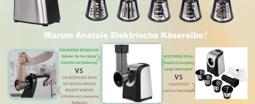 5 in 1 Elektrischer Gemüseschneider, Automatisch Gemüsehobel mit 5 Kegel-Klingen, 150W Edelstahl Spiralschneider Zerkleinerer Salatschneider Schleifer