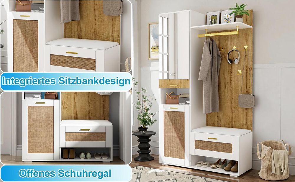 okwish Garderobenset, Kleiderschrank-Set mit Spiegel, 110 x 38 x 190 cm Weiß und Holzoptik, Goldener Kleiderhaken, Schuhschrank, Wandgarderobe, oberem Stauraumfach, LED-Licht