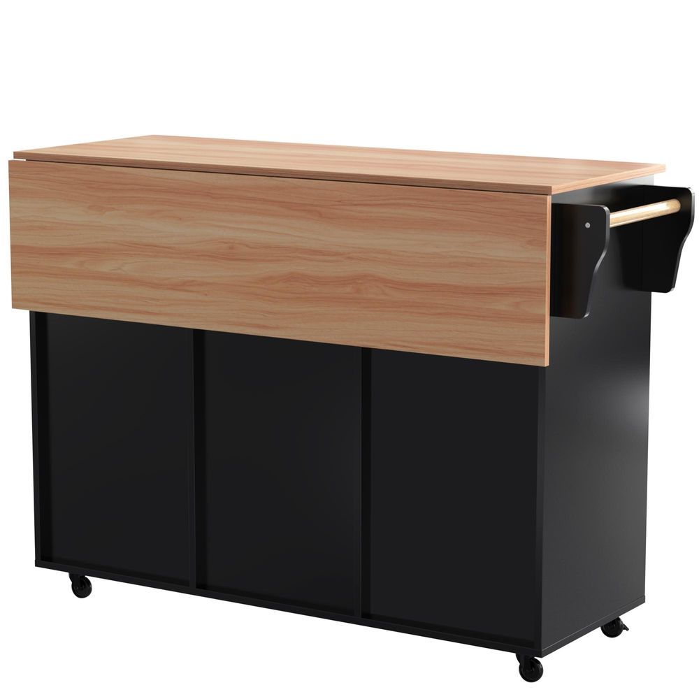 Flieks Servierwagen Kücheninselwagen mit Erweiterbarer Arbeitsplatte, Küchentrolley Speisewagen mit Schubladen, Kücheninsel 129x46-71x91.5cm, Schwarz