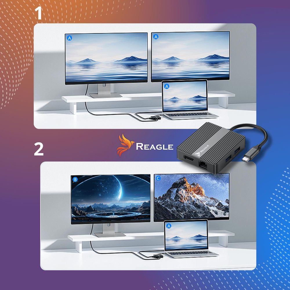 USB C Hub 7in1 Adapter 2x HDMI 4K 60Hz 100W PD Schnellladen 10Gbps USB 3.2 Gen2 Gigabit LAN Netzwerk für MacBook Air Pro Laptop Windows Reagle