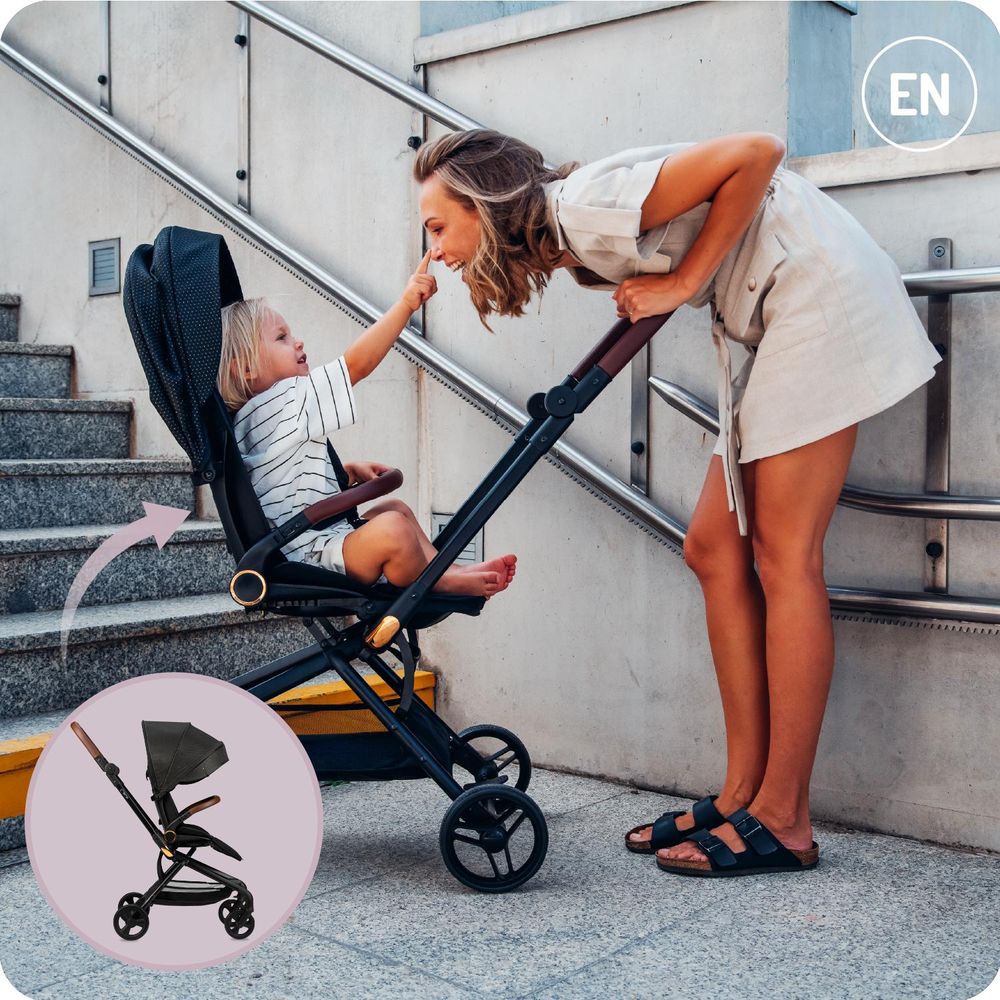 MoMi ADELLE Buggy Kinderwagen - 360° Drehsitz, Leicht, Stoßdämpfung 4 Räder - Schwarz/Gold