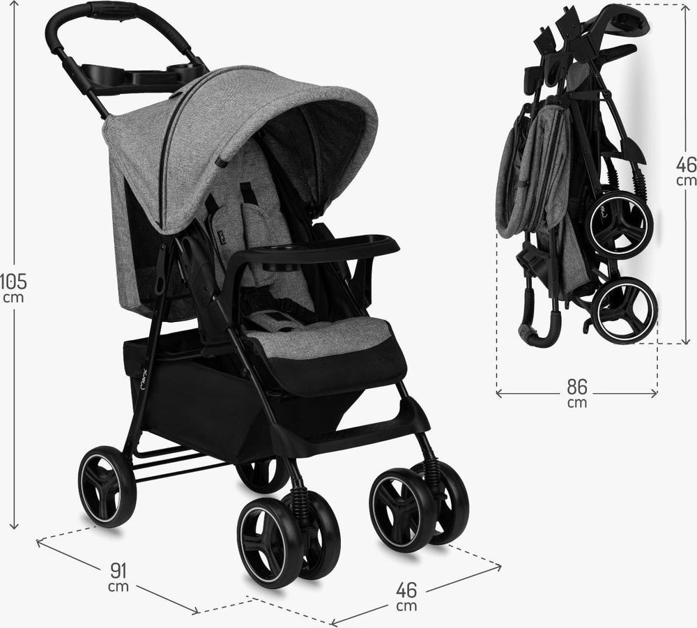MoMi ISLA – Ultraleichter Baby Kompaktbuggy ab Geburt, verstellbar mit Sonnenverdeck, inkl. Organizer, Fußsack & Tasche, ideal für Reisen – Grau