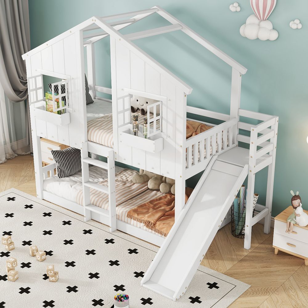 Merax Etagenbett Kinderbett 90x200cm mit Rutsche und Fallschutz, Hochbett Stockbett mit Dach und Fenster, Hausbett aus Kiefer - Sicherheitsgitter Weiß