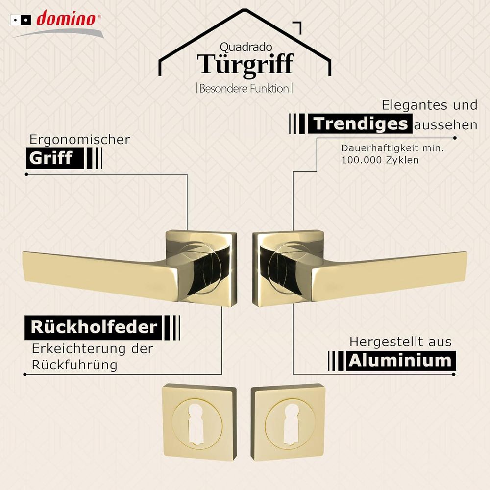 Domino Türgriff QUADRADO-QR M1 Drückergarnitur BB-Buntbart Set quadratische Rosette Türklinke für Zimmertür Türbeschläge aus Aluminium  Messing Gold