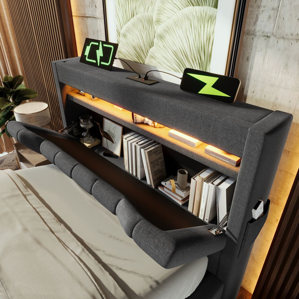 Flieks Polsterbett 90x200cm mit Ladefunktion (USB & Type-C), Einzelbett Jugendbett mit Led, Stauraumbett Boxspringbett mit Stauraum, Leinen, Grau