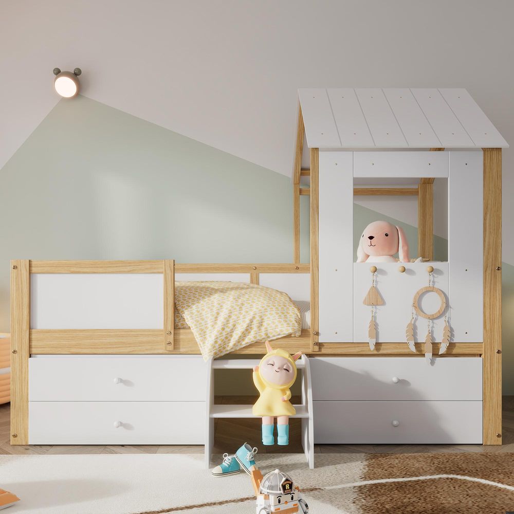 Merax Kinderbett 90x200cm mit Leiter und 4 Schubladen, Hochbett mit Rausfallschutz, Dach und Fenster, Kieferholzbett Jugendbett Kinderhaus Weiß/Natur
