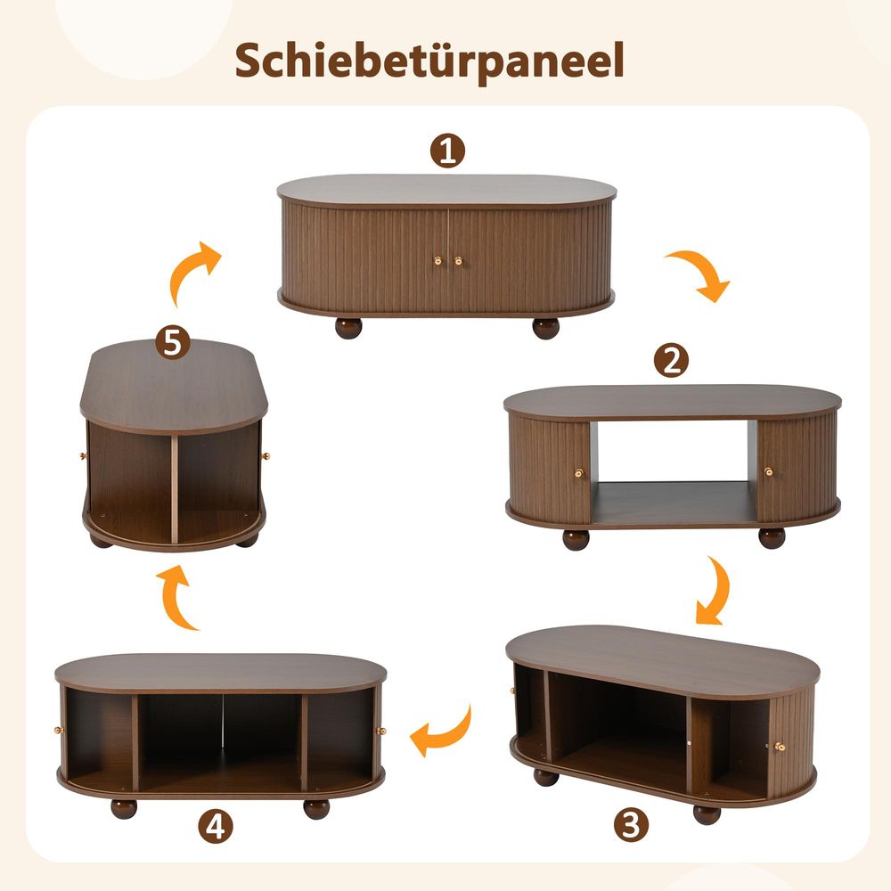 STILVORA Couchtisch mit 2 180-Grad-Schiebetüren,Sofatisch platzsparendes mit Stauraum,Ovaler Beistelltisch aus MDF,braun