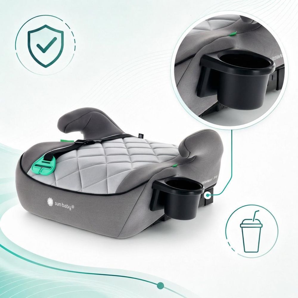Podsedák, dětský podsedák, autosedačka, booster, dětská autosedačka, ISOFIX, 125–150 cm, držák na nápoje, LittleNestPro, šedá, Sun Baby