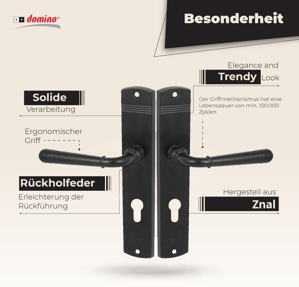 DOMINO Türgriff 72 Drückergarnitur PZ-Profilzylinder Set | Türklinke für Zimmertür, Bürotür, Kellertür & Innentür | L-Form | Znal |Schwarz| LOFT Black