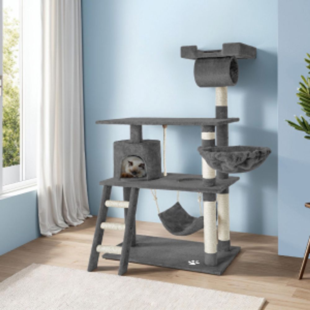 tectake® Kratzbaum Marcel 141 cm inklusive Treppe, Spielkordel und Kippschutz