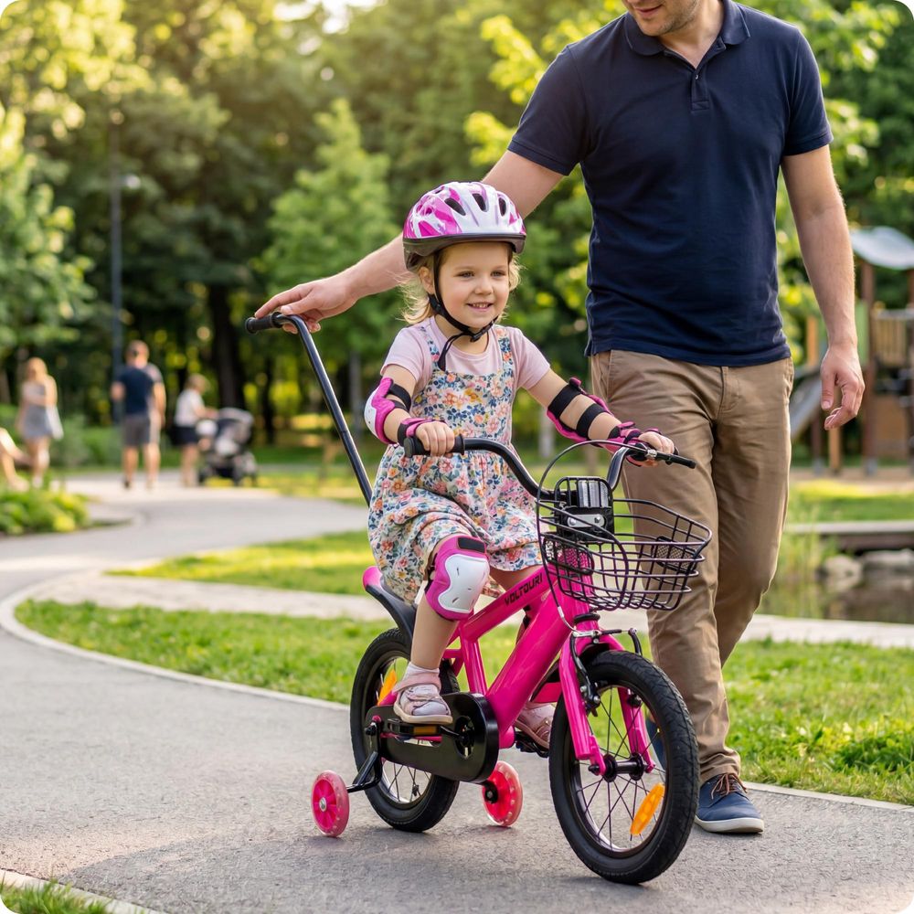 Kinderfahrrad 14 Zoll mit leuchtenden Stützrädern, Schiebestange und Korb – für Kinder 3–6 Jahre