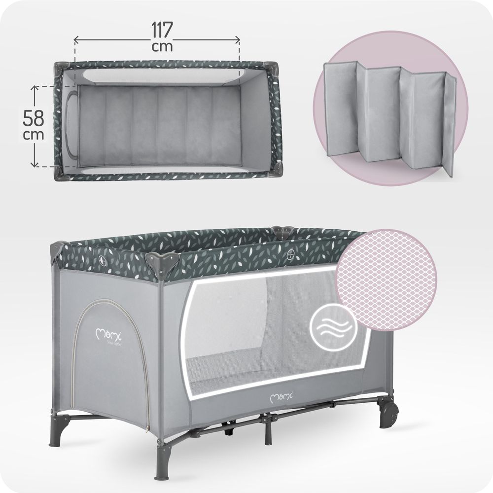 MoMi BELOVE – Baby Reisebett klappbar mit Matratze, Seiteneingang & Rädern, Sicherheitsverriegelung, Tragetasche inklusive – Grau