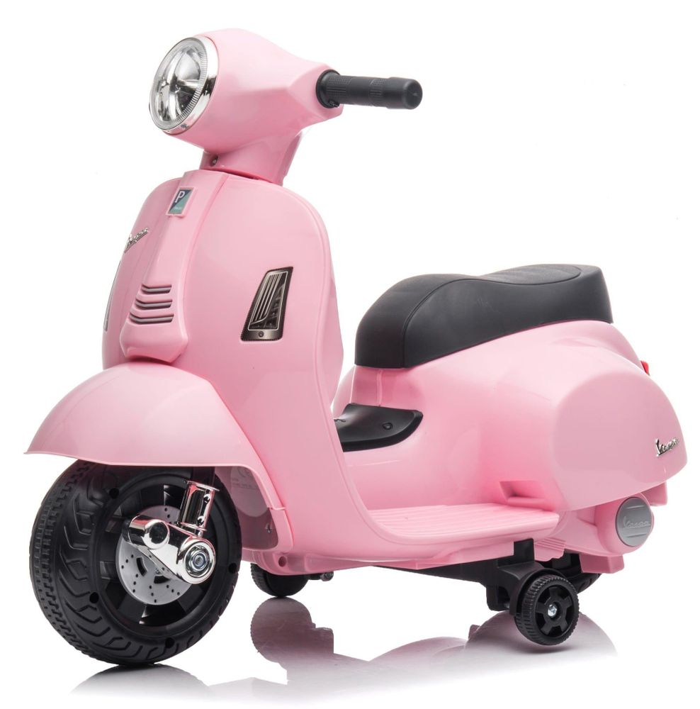 Vespa elettrica per bambini rosa vista frontale-laterale con ruote laterali