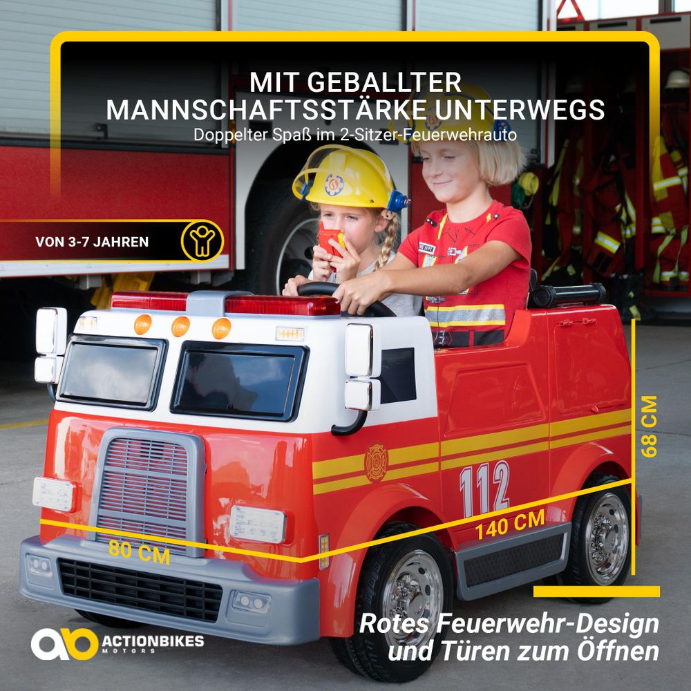 Actionbikes Motors Feuerwehr Auto LL911 | 2 Sitzer - Fernbedienung - Hupe, Motor- & Sirenen Sound - LED - Elektro Auto - 2 x 24 V Motor - ab 3 Jahren