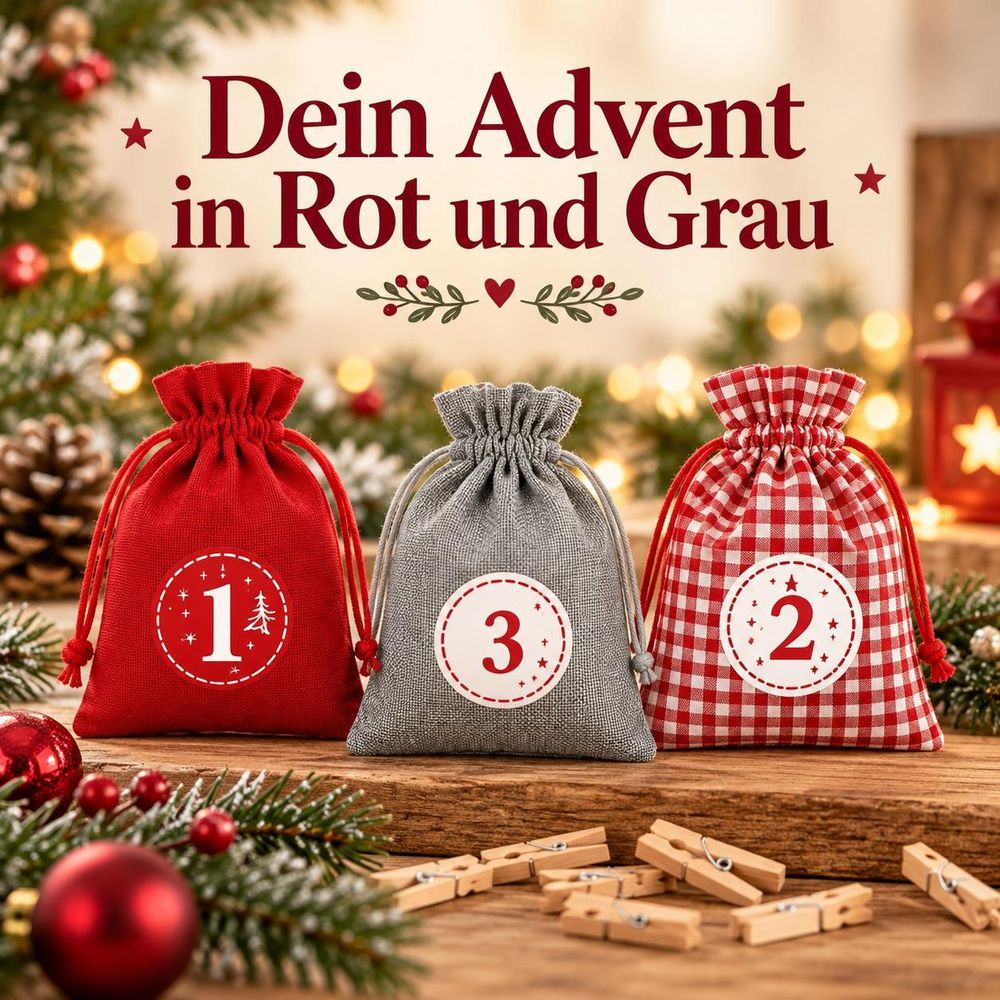 Beispielanordnung roter, grauer und karierter Adventskalendersäckchen