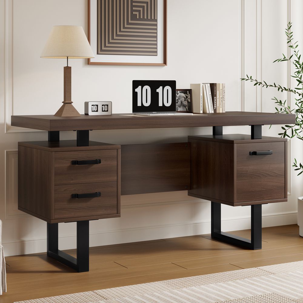 Merax Schreibtisch 135x54 cm – Walnussoptik, Arbeitstisch mit 2 Schubladen und Ordnerfach, Bürotisch aus MDF mit schwarzer Stahlrahmen für Homeoffice