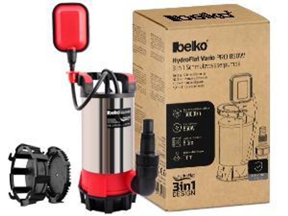 Belko® HydroFlat Vario Pro 850W – Flachsaugend bis 1 mm, 15.000 l/h, Edelstahlgehäuse, Schwimmerschalter, Anschlüsse Ø 25/32/11/2 Zoll, ideal für Keller, Pool, Baustelle und Schmutzwasser