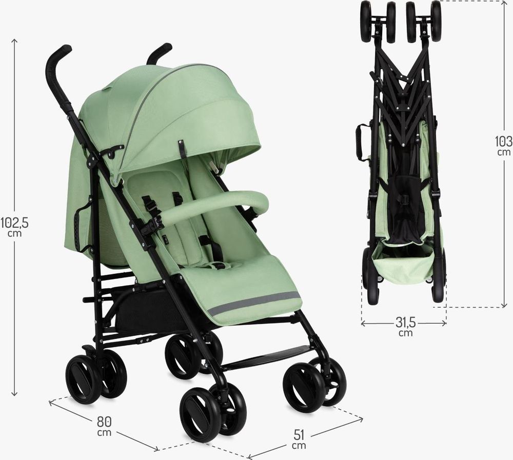MoMi AKIRA Buggy Kinderwagen – Zusammenklappbar, Leicht 6,7 kg, Moskitonetz, Regenschutz, Korb, Tasche – Grün