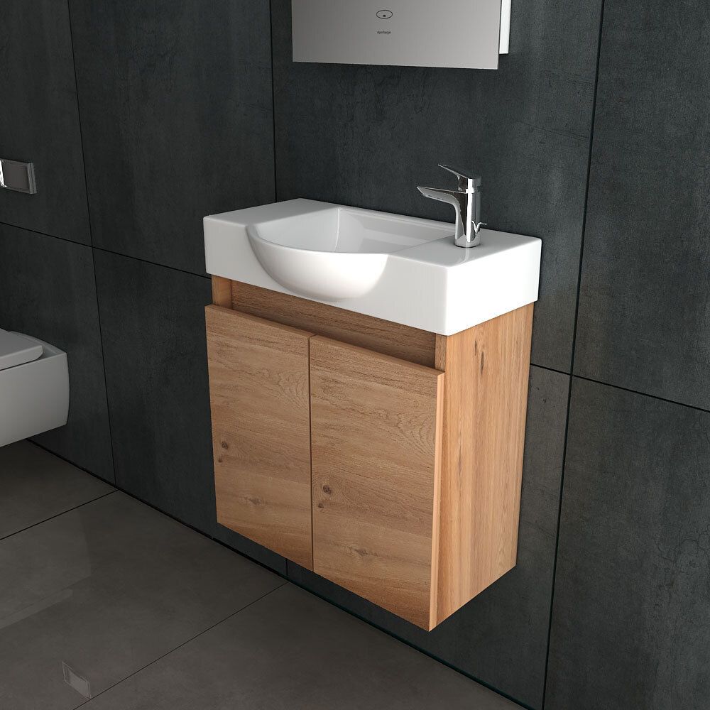 Alpenberger Waschbecken mit Unterschrank 55 cm | Gäste WC Waschtisch hängend vormontiert | Keramik Waschbecken + Softclose Badmöbel Set Bamboo