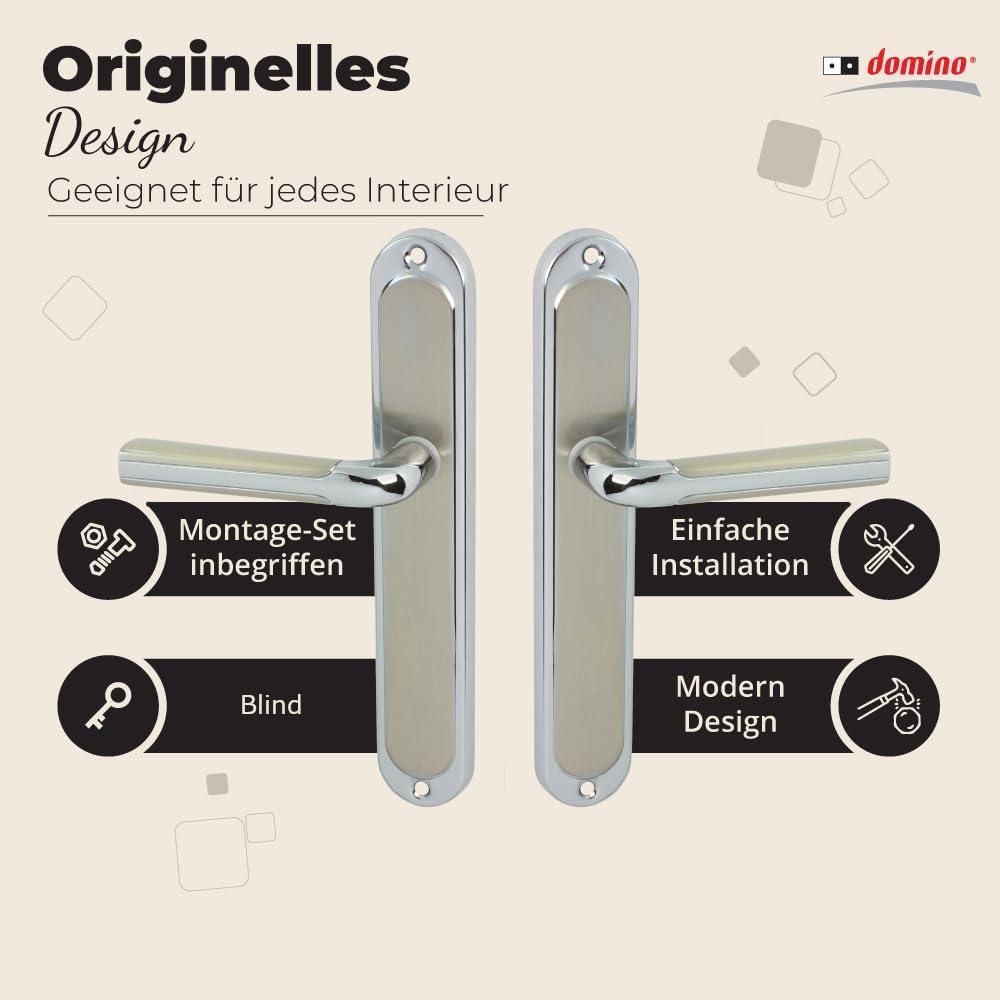 DOMINO Türgriff Blind Drückergarnitur | Langschildgarnitur | Türklinke für Zimmertür, Bürotür, Kellertür & Innentür | L-Form | Türbeschläge aus Aluminium |Silber Türdrückergarnitur |RIO M6/M9