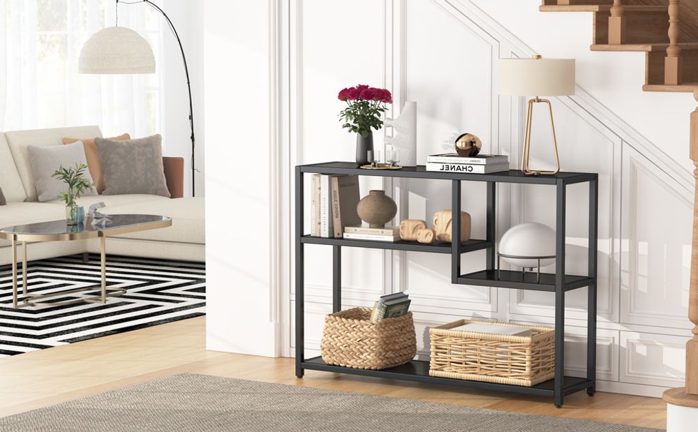 Tribesigns Konsolentisch, Kleiner schwarzer Eingangstisch mit Ablagefächern,108cm-Vintage-Beistelltisch hinter Couchtisch für Wohnzimmer