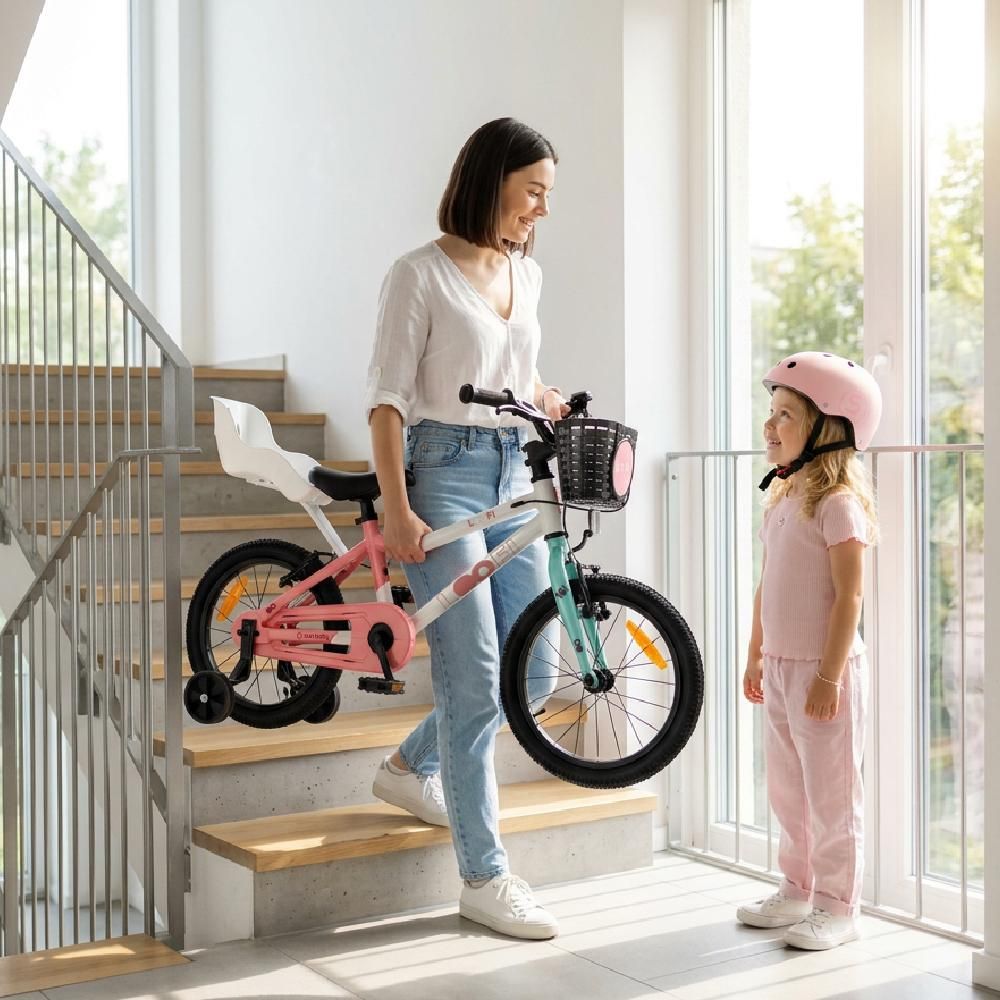 Madre levantando la bicicleta ligera junto a su hija
