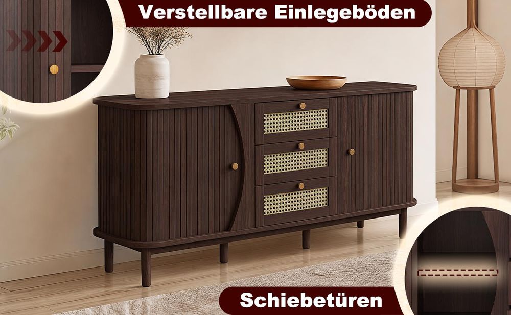 okwish Sideboard, Rattanschrank Rattankommode mit drei Schubladen, Kommode mit Schiebetüren Holzfarbe