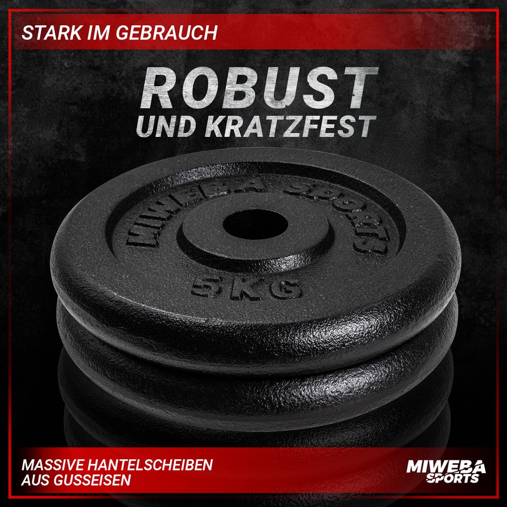 Miweba Sports Hantelscheiben Set | Gusseisen - Hantelgewichte - Gewichtsscheiben - Fitness Scheiben - Gewichte für Hantel - Ø30mm - Schwarz - 2x5 kg