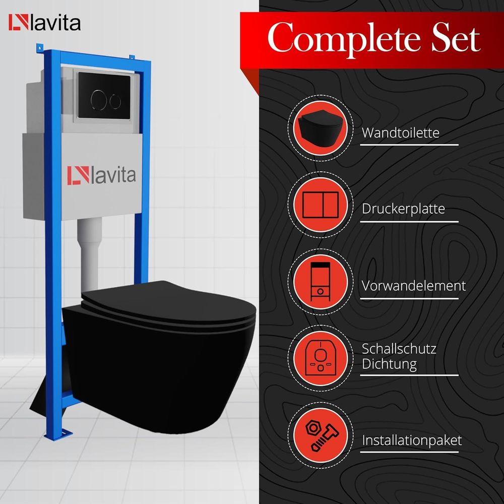 Lavita LAV 101 Vorwandelement für WC 40cm + Wand Hänge Tiefspül WC PRAIA Schwarz Spülrandlos + Bedienplatte LAV 200.4.4 Schwarz | Komplettset | Unterputz Spülkasten | Toilette Komplett Sett