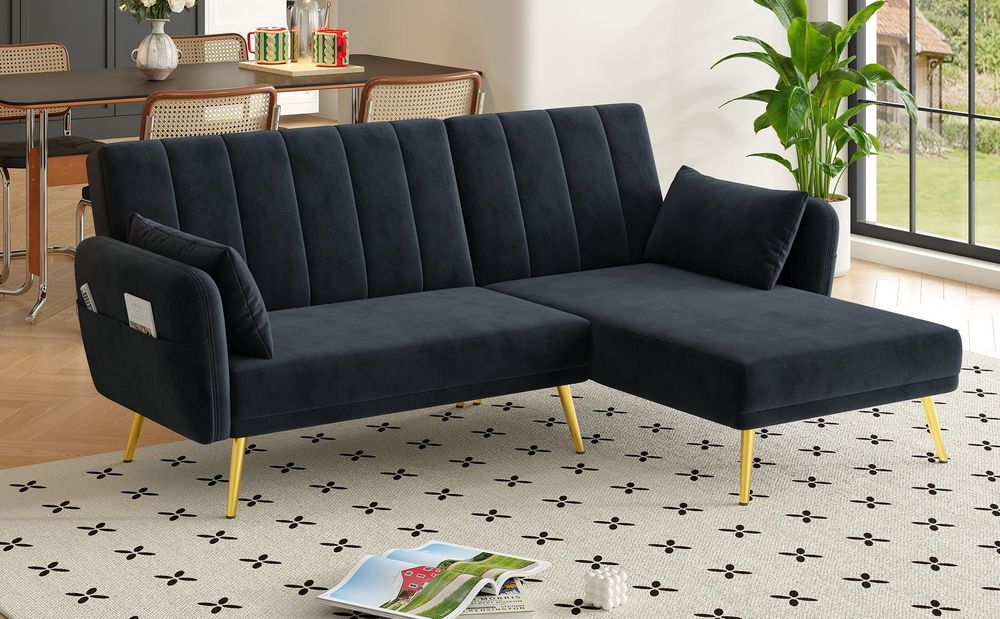 Merax Ecksofa mit Schlaffunktion, L-Form Klappsofa Schlafsofa, 3-stufig verstellbar, 3-Sitzer Sofa, Couch, Bettsofa, Wohnzimmersofa, Velvet, Schwarz