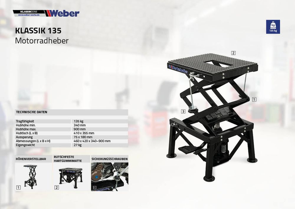 Motorradheber Weber Klassik Serie 135 kg | Hydraulischer Montageständer für Motorrad & Roller