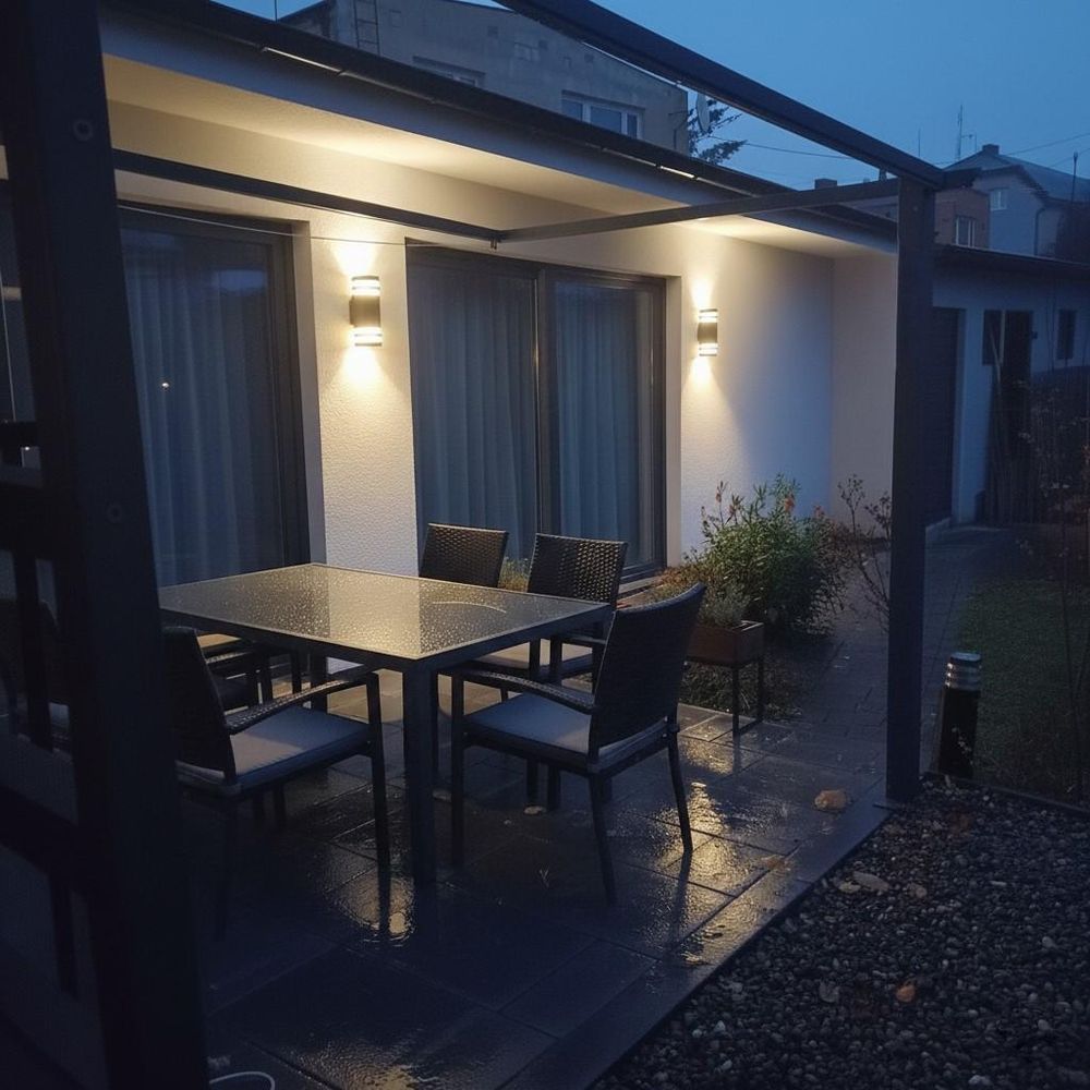 Leistungsstarke Beleuchtung außen, zwei schwarze Lampen an Mauer, Up/Down-Effekt.