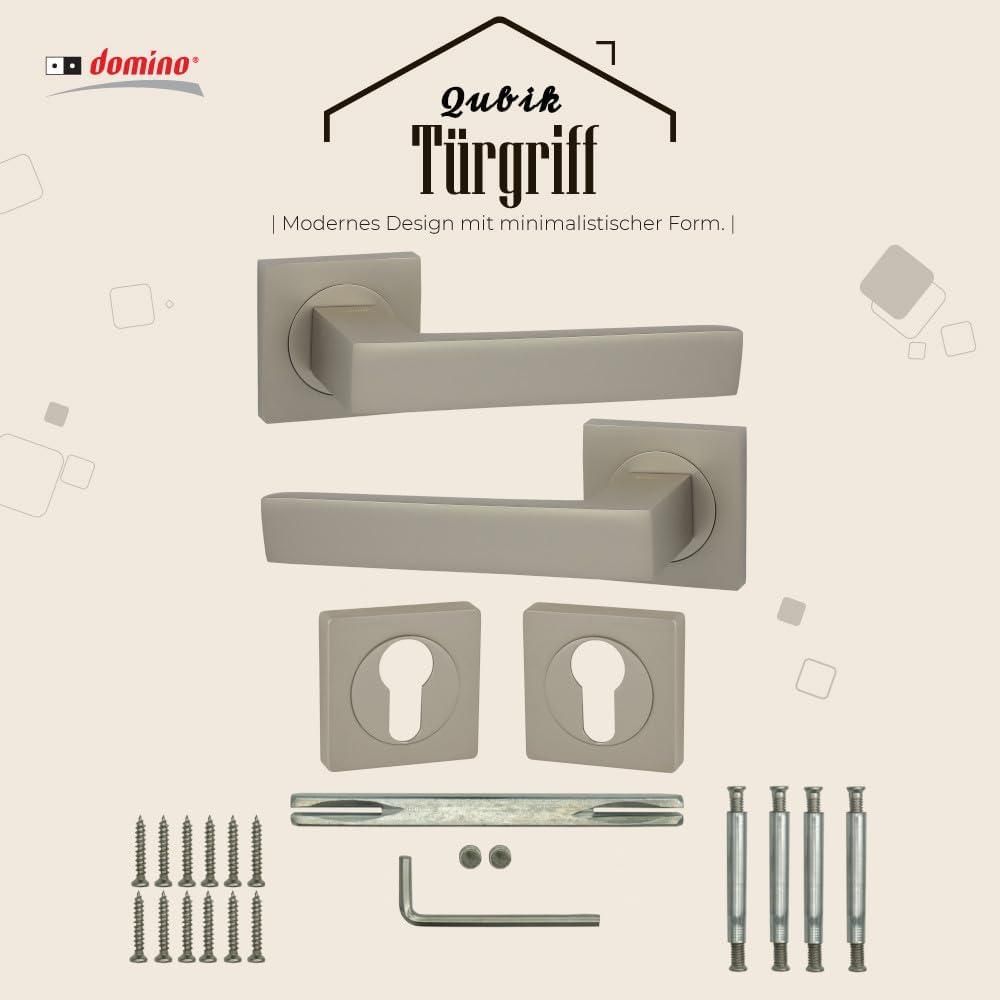 DOMINO Türgriff Drückergarnitur PZ - Profilzylinder Set | mit quadratischen PZ Rosetten| Türklinke für Zimmertür, Bürotür, Kellertür & Innentür| Türbeschläge aus Aluminium|  Satin Nickel Velvet Türdrückergarnitur| QUBIK-QR M91