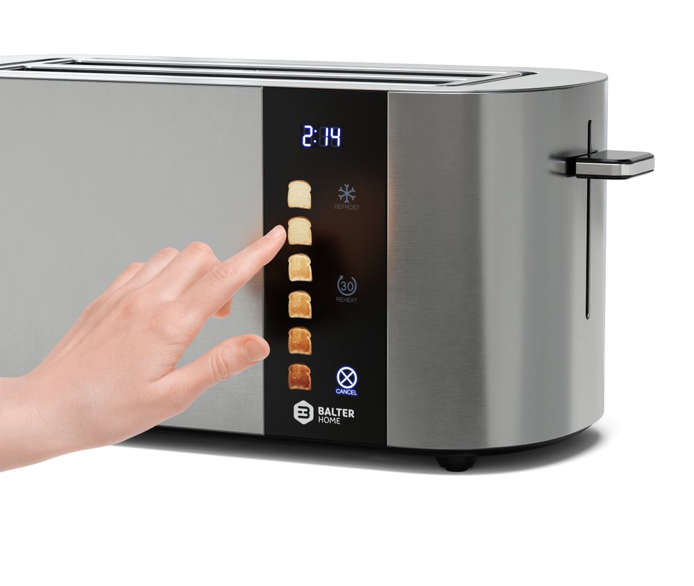Balter Toaster 4 Scheiben, Edelstahl, Langschlitztoaster mit Brötchenaufsatz, 1400W, LCD Display, Defrost-/Aufwärmfunktion, Krümelschublade, Silber