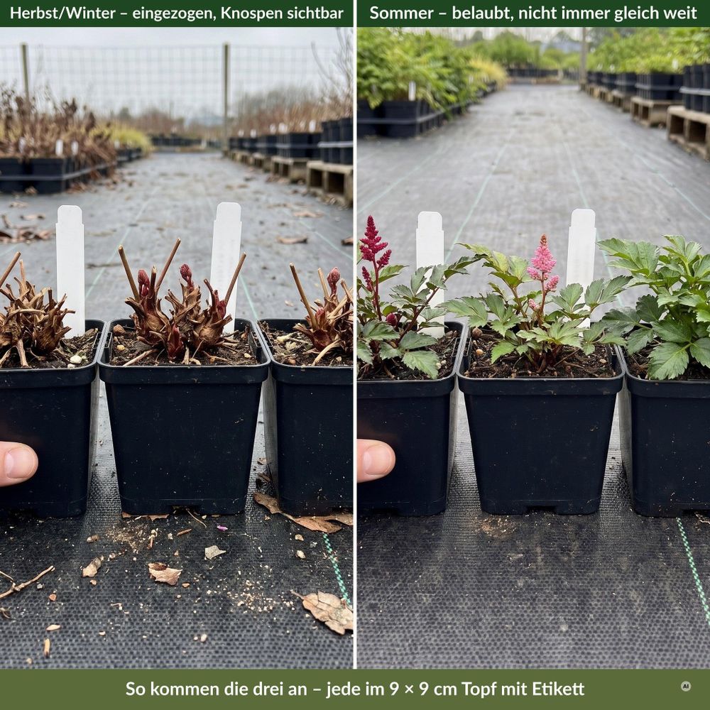 Liefer drei 9 x 9 cm Töpfe mit Etikett im Freilandquartier, Winter und Sommer