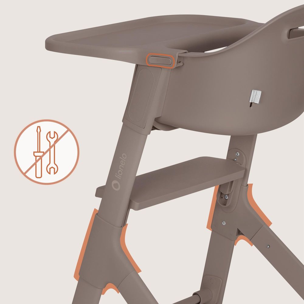 Lionelo Beny Baby Hochstuhl mit 3-Punkt-Gurt, verstellbarem Tablett & Fußstütze, platzsparend, 6–36 Monate bis 15 kg - Beige Taupe