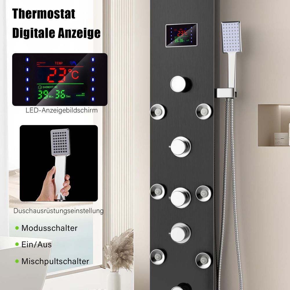 OYAJIA Duschsystem 6209 mit LED Regendusche, 5 Wasserfunktionen, digitale Temperaturanzeige, Wandmontage, Schwarz gebürstet mit Handbrause & Massagedü