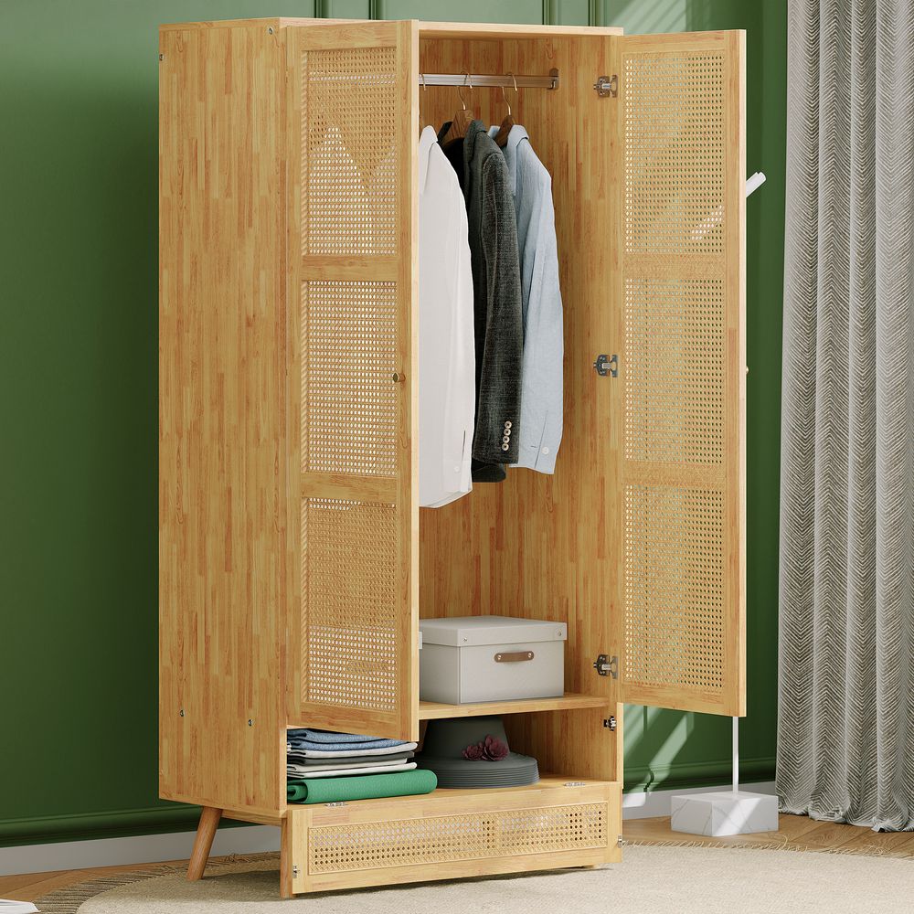Merax 2-türiger Kleiderschrank mit Kleiderstange & Flip-Top-Fach, PE-Rattan Design, Natur, 90x45x183cm, für Schlafzimmer & Wohnzimmer
