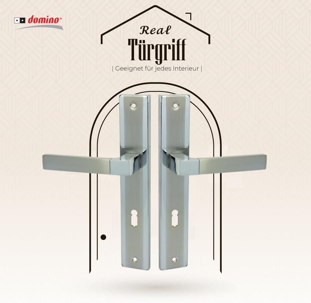 DOMINO Türgriff 72 Drückergarnitur BB-Buntbart Set | Langschildgarnitur | Türklinke für Zimmertür, Bürotür, Kellertür & Innentür | L-Form | Türbeschläge aus Aluminiuml |Chrom/Nickel Türdrückergarnitur | REAL M6/M9