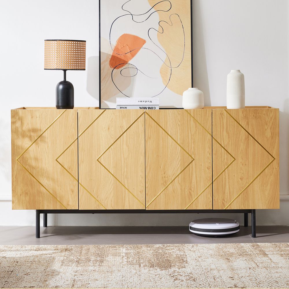 Merax Sideboard 160x40x78 cm mit 4 Türen, Einlegearbeiten & Metallleisten, griffloses Design, erhöhte Füße 18 cm, feuchtigkeitsgeschützt, modernes Des