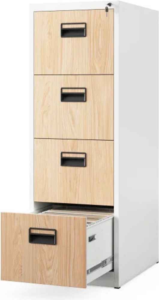Hängeregistraturschrank V004A Hängemappenschrank Hängeregisterschrank Aktenschrank mit 4 Schubladen Pulverbeschichtung Stahlblech 132 cm x 46 cm x 62 cm (H x B x T) Farbe: Weiß-Holzoptik